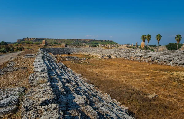 Kamenné Trosky Částmi Sedadel Schodišť Starobylého Antického Stadionu Perge Antalya — Stock fotografie