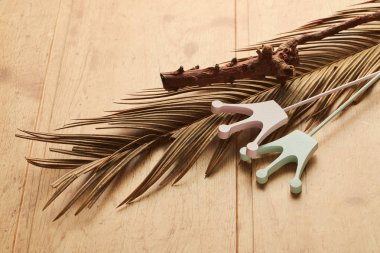 flat view holiday and carnaval accessories on natural wooden background