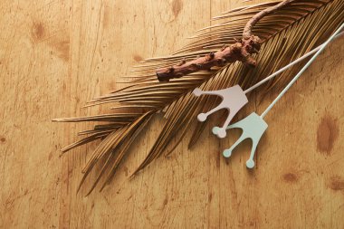 flat view holiday and carnaval accessories on natural wooden background