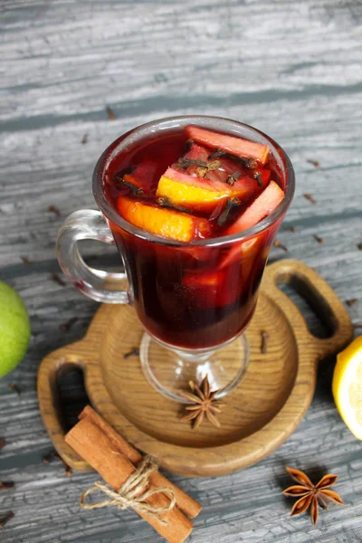 Traditional mulled wine. Glass of mulled wine.