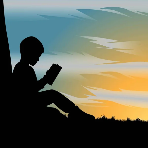 Silhouette Kid Reading Book Tree Beautiful Sunset Stock Vector