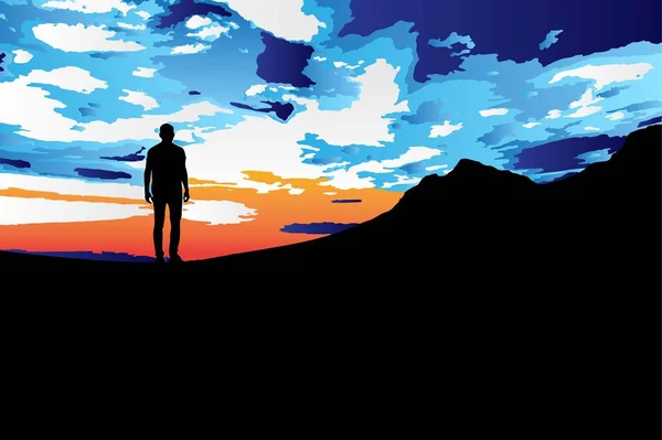 Silhouette Homme Debout Sur Montagne Avec Beau Ciel Coucher Soleil — Image vectorielle