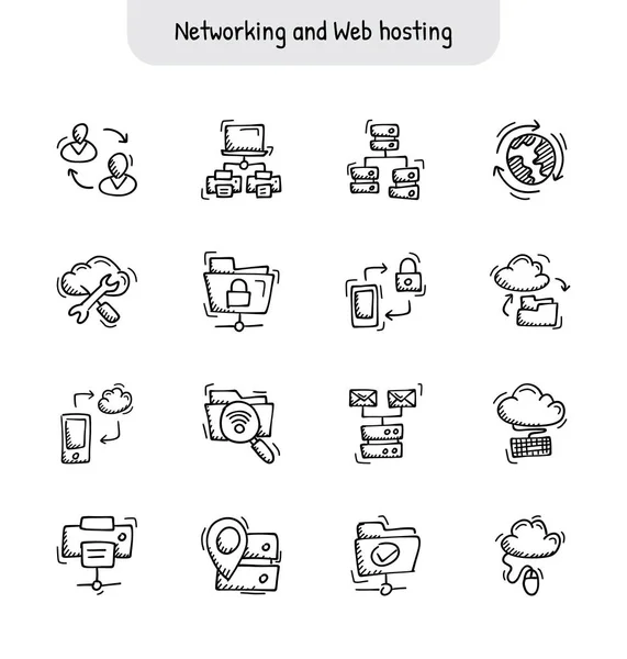 Networking Web Hosting Icone Disegnate Mano Doodle — Vettoriale Stock
