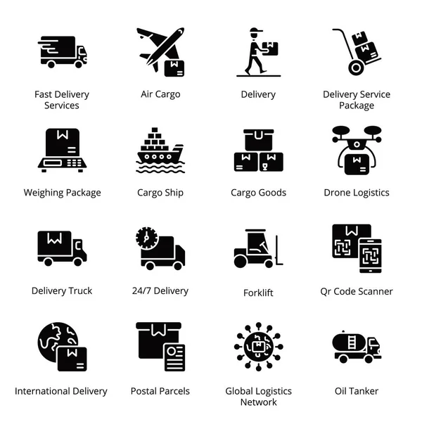 Ícones Glifo Entrega Transporte Logística Vetores —  Vetores de Stock