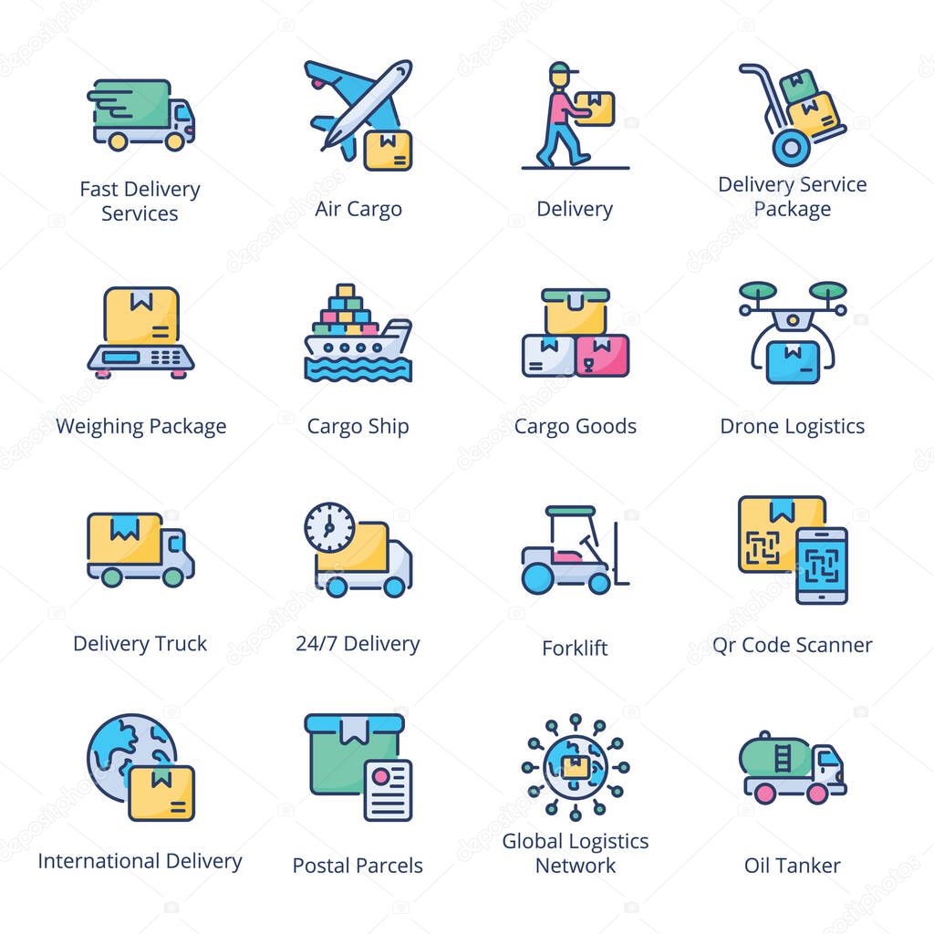 Delivery, Shipping and Logistics filled line Icons - stroke, vector