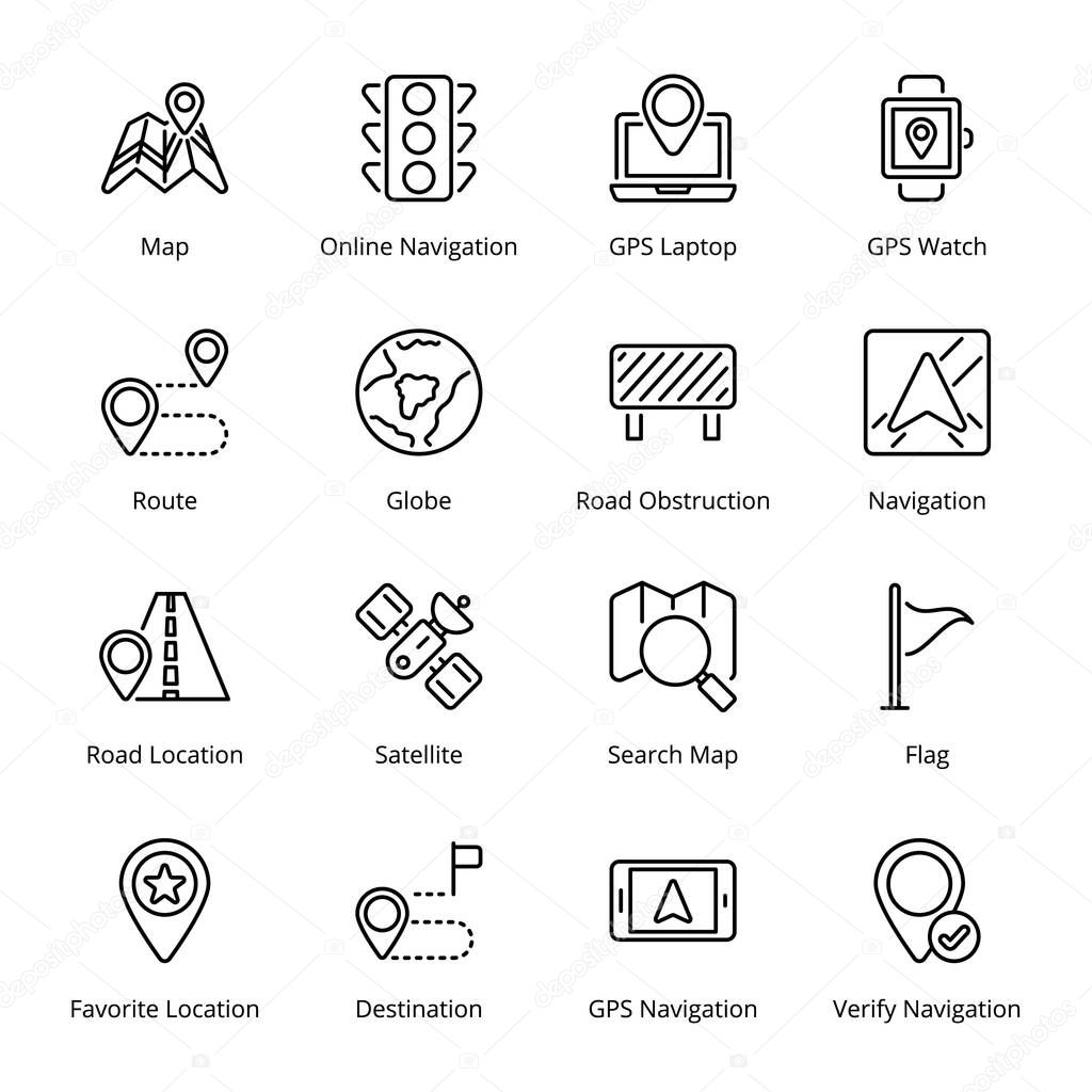 Navigation, and GPS outline Icons - stroke, vector