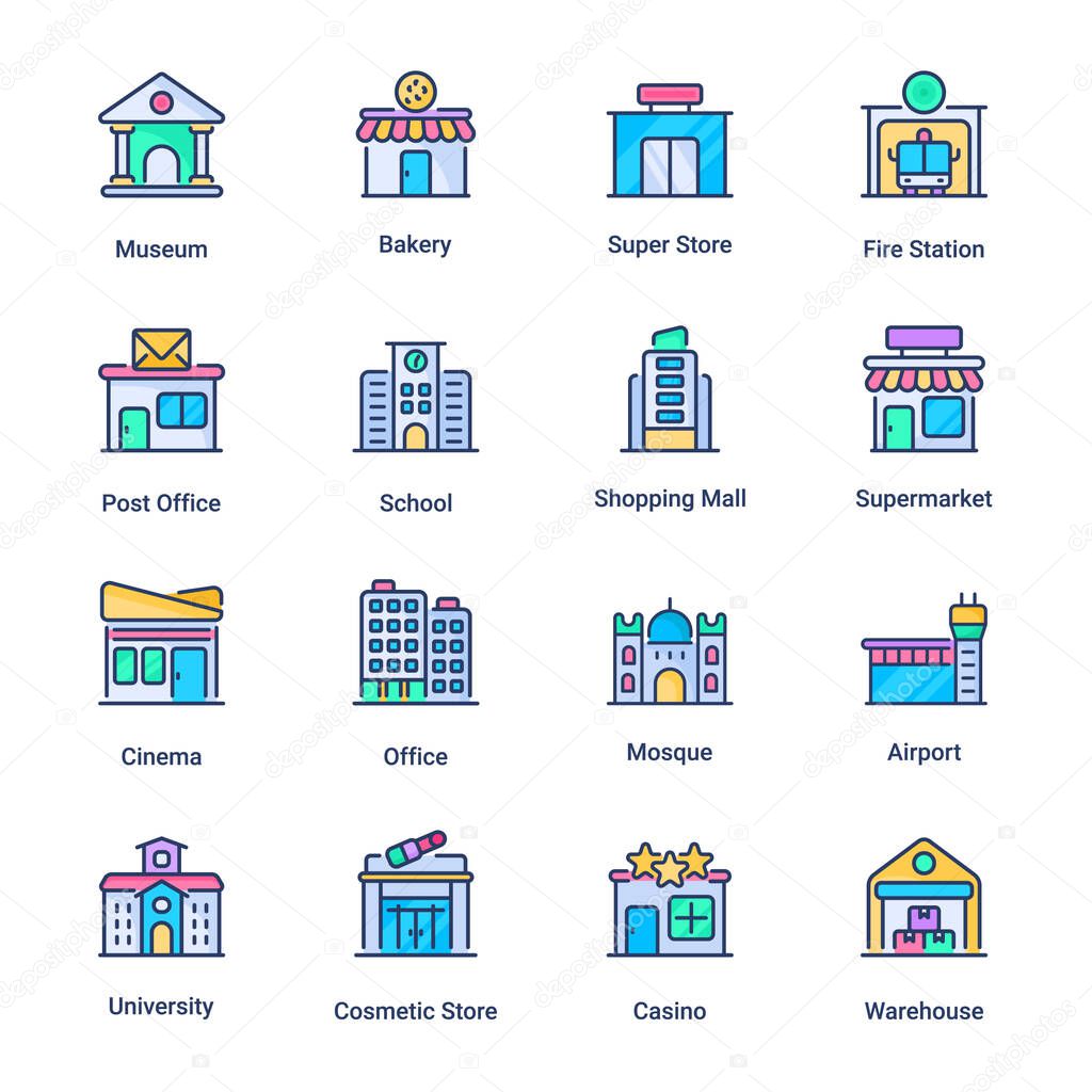 Building filled line Icons - stroke, vector