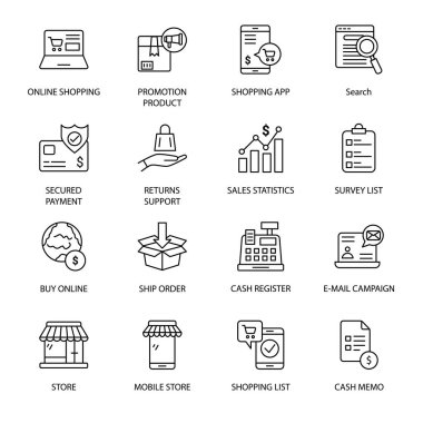 Çevrimiçi Alışveriş ve E-ticaret ana hatları Simgeler - felç, vektör