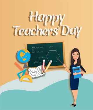 Plaj tonu kavramı Happy Teacher's day - işaretçi ve küre tebeşir tahta kalemlerkitap cetvel yarı daire ve üçgen protractor ile öğretmen - Vektör İllüstrasyon.