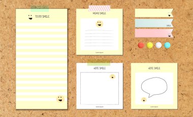 Sarı pastel üzerine gülme desenli kağıt yapıştırın. Pin klipsi, yapıştırıcı bant ve indeks gölge illüstrasyonlu mantar panoda ayarlandı - Vektör İllüzyonu.