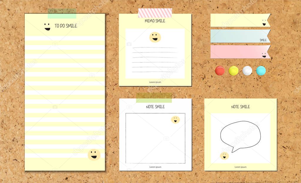 Post note label yellow pastel with smile pattern paper. Pin clip, adhesive tape and index set on cork board with shadow - Vector Illustration.