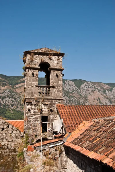 El viejo campanario rodeado de tejados de azulejos. vertical — Foto de Stock