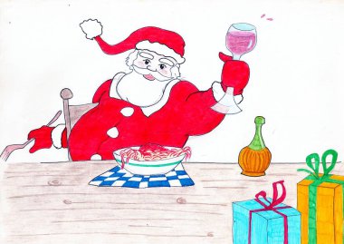 Noel Baba spagetti ve kırmızı şarapla masada.