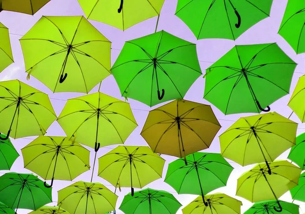 Guarda-chuvas coloridos durante uma caminhada pela cidade — Fotografia de Stock