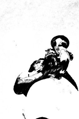 Siyah-beyaz suluboya stili. Alto saksafon çalan genç bir kadın saksafoncuyu temsil ediyor.