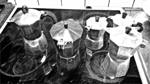 Компьютерный Черно Белый Рисунок Представляющий Кофе Машины Разных Размеров Кухне — стоковое фото