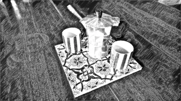 テーブルの上に2つのカップを持つモカコーヒーマシンを表す黒と白でコンピュータ化された図面 コーヒーは提供しています — ストック写真