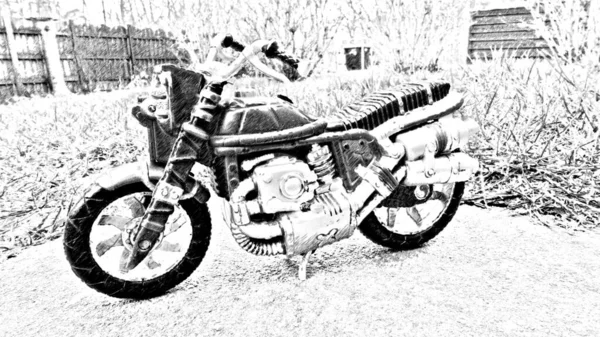 Computerized Black White Drawing Representing Parked Custom Motorcycle — Stock Photo, Image