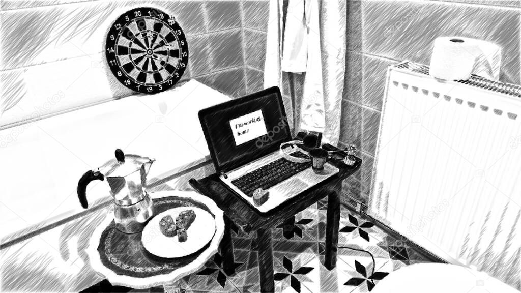 Computerized drawing in black and white. When working at home, any space is good for a little peace and concentration. Coffee, cookies and a pastime for breaks and everything is in place.