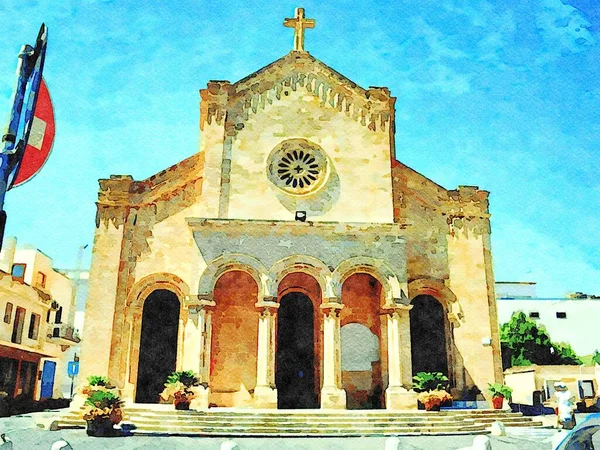 Digitales Aquarell Der Hauptfassade Der Antiken Kathedrale Von Leuca Salento — Stockfoto