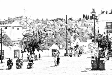 Puglia 'daki Alberobello' nun ana meydanını temsil eden bilgisayar destekli siyah beyaz çizim ve arka planda da da tipik ev olan trulli..