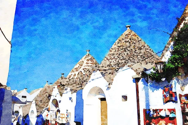 Digitális Akvarell Stílus Amely Egy Pillantást Utcán Alberobello Puglia Trulli — Stock Fotó