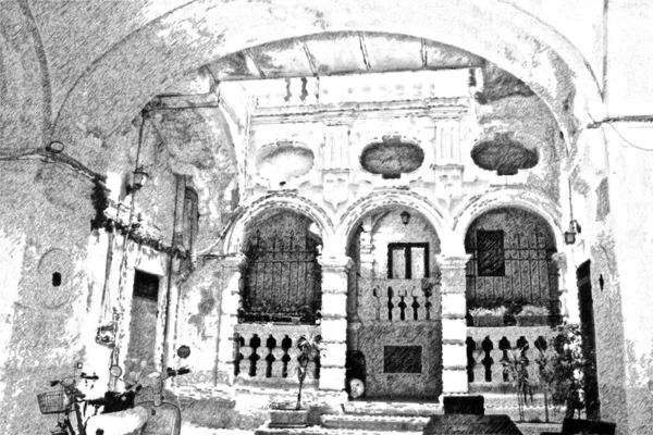 Computerized black and white drawing representing an ancient building in the historic center of Bari in Puglia.