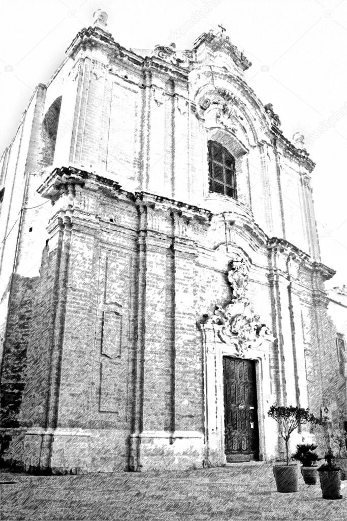 Computerized black and white drawing representing the facade of one of the churches in the historic center of Bari in Puglia.