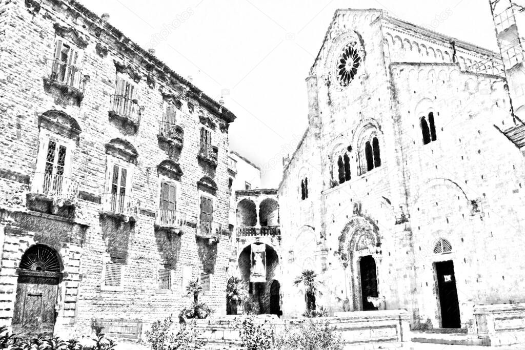 Computerized black and white drawing representing one of the squares of the historic center and the facade of the cathedral in Bitonto in Puglia.