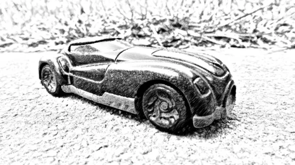 Computerized black and white drawing representing a black sports car