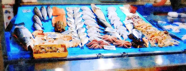 Digital Watercolorstyle Representing Fresh Fish Sale Fish Market Italy — Stock Photo, Image