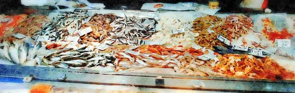 イタリアの魚市場で新鮮な魚を販売するためのデジタル水彩スタイル — ストック写真