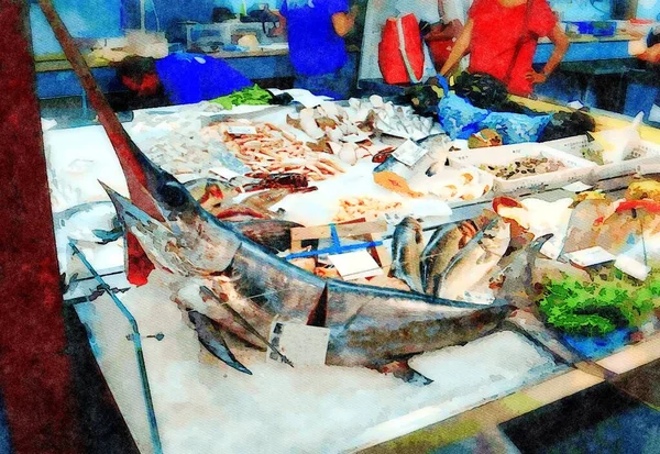 イタリアの魚市場での販売のための新鮮な魚を表すデジタル水彩スタイル 手前にはメカジキがいる — ストック写真