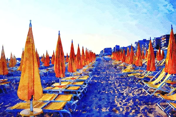 Digitales Aquarell Mit Geschlossenen Gelben Sonnenschirmen Und Liegestühlen Strand Späten — Stockfoto