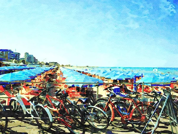 Cyfrowy Akwarelowy Styl Przedstawiający Wiele Niebieskich Parasoli Otwartych Plaży Pierwszym — Zdjęcie stockowe