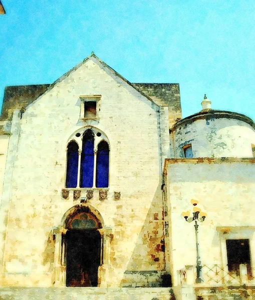 数字水彩画代表了Puglia比特托历史中心的一座古老教堂 — 图库照片