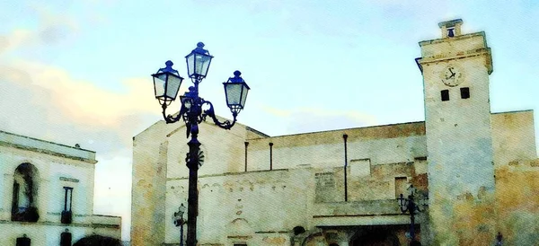 Aquarela Digital Que Representa Vislumbre Antiga Catedral Castro Salento Puglia — Fotografia de Stock