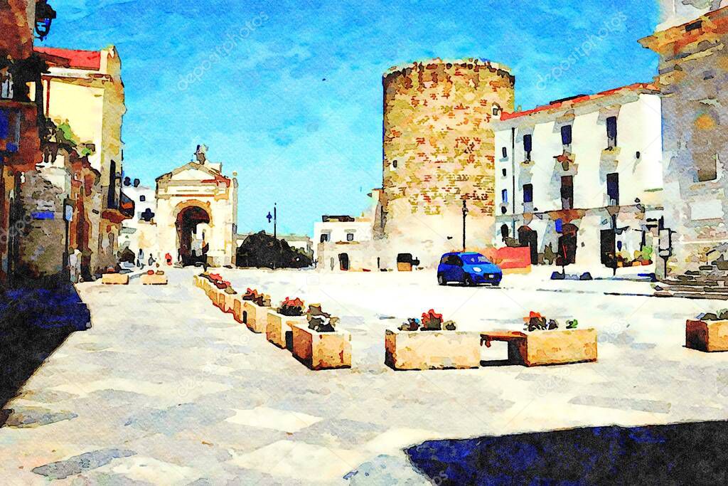 Digital watercolostyle which represents one of the squares of the historic center of Bitonto in Puglia with one of the city gates and the tower.