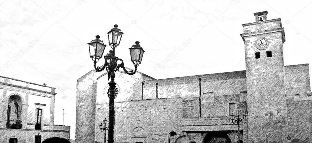 Digital drawing in black and white which represents a glimpse of an ancient church in the historic center of Castro in Salento in Puglia