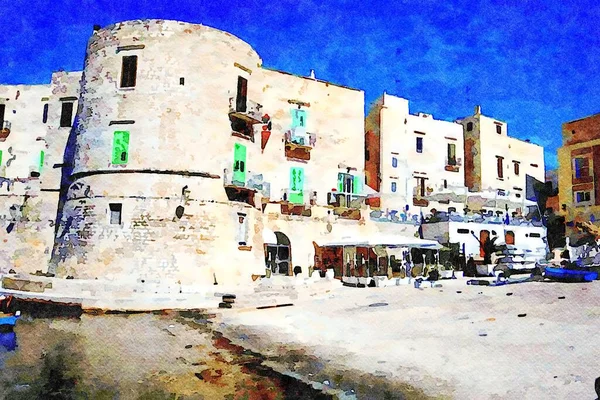 Watercolostyle Digital Que Representa Vislumbre Pequeno Porto Giovinazzo Salento Puglia — Fotografia de Stock