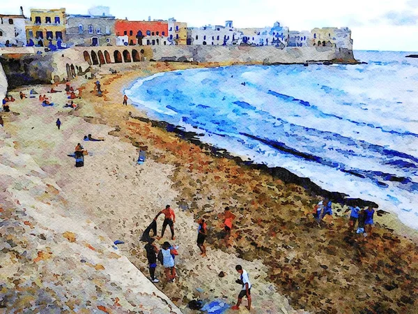 数码水彩画代表了雷雨到来前在普利亚萨莱托的加利利波海滩的一瞥 — 图库照片