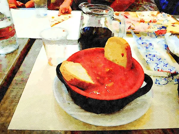 パンと赤ワインを添えた豆汁を表現したデジタル水彩画 — ストック写真