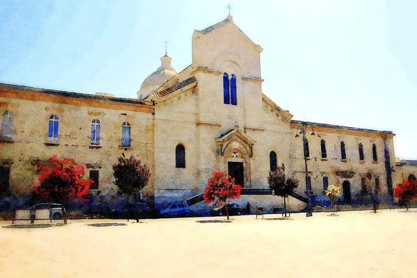 Digital Watercolorstyle Which Represents Glimpse Cathedral One Villages Salento Puglia — Stock Photo, Image