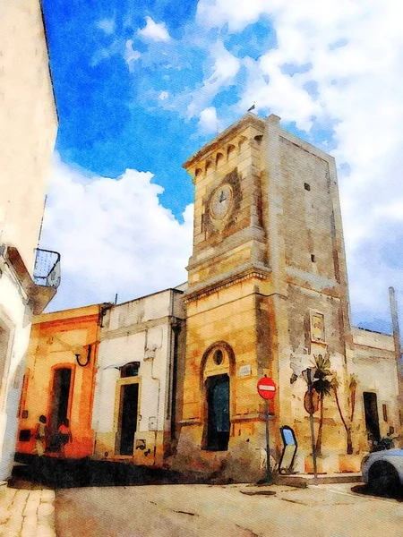 意大利普利亚萨莱托一个小镇历史中心的古老钟楼数字水彩画 — 图库照片