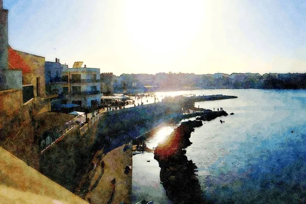 Aquarelle Numérique Représentant Aperçu Pendant Coucher Soleil Baie Otranto Dans — Photo