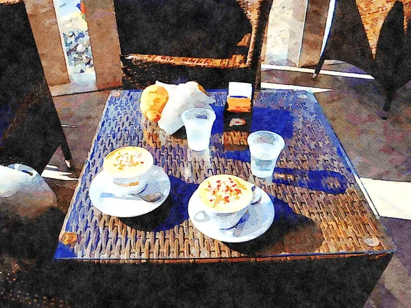 Aquarela Digital Que Representa Café Manhã Terraço Com Croissant Cappuccino — Fotografia de Stock