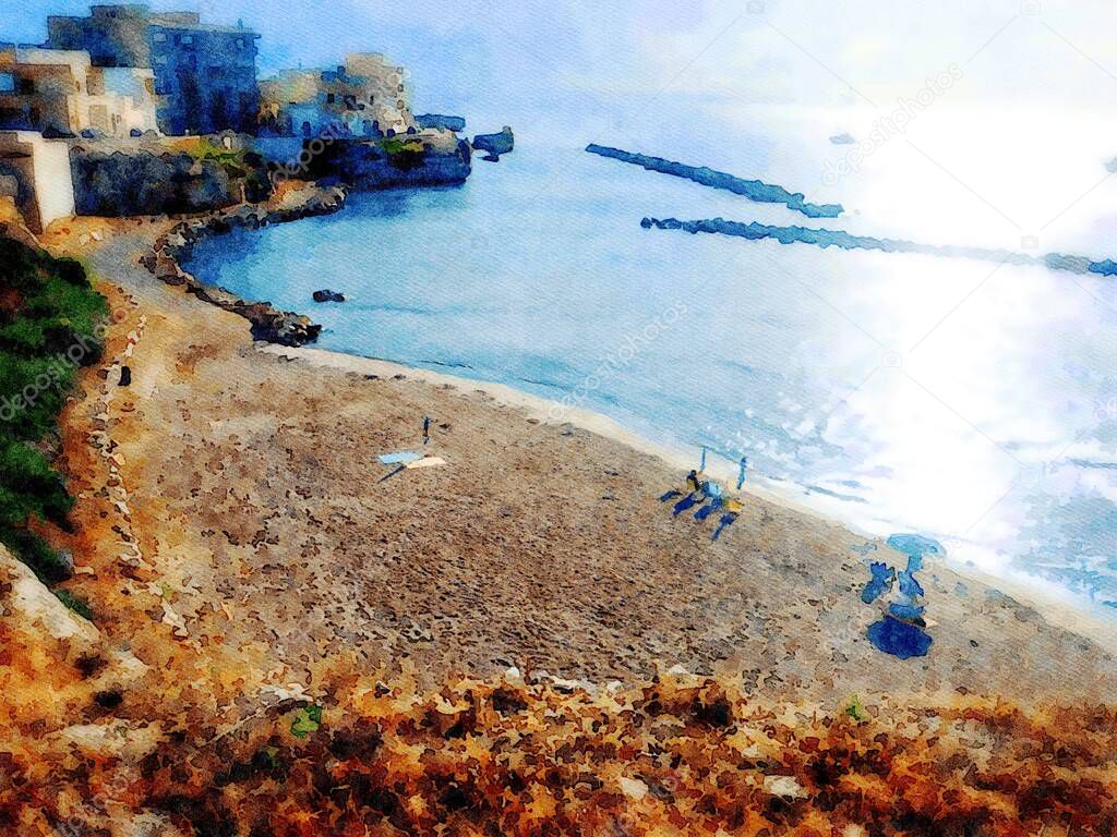 Digital watercolorstyle representing one of the beaches of Otranto in Salento in Puglia, Italy