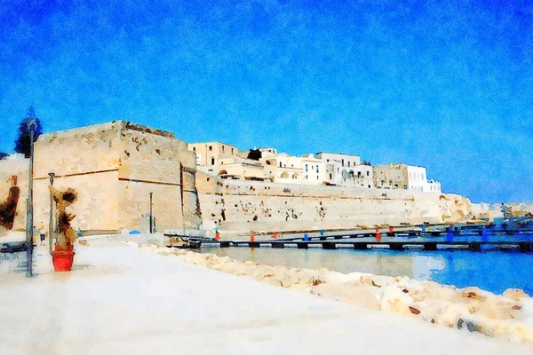 Digital Watercolorstyle Representing Glimpse Ancient Walls Overlooking Marina Otranto Salento — Stock Photo, Image