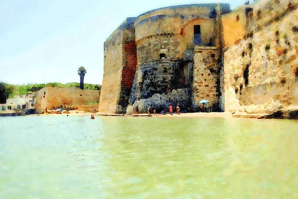 Digital Watercolorstyle Represents Glimpse Ancient Walls Overlooking Bay Otranto Salento — Stock Photo, Image