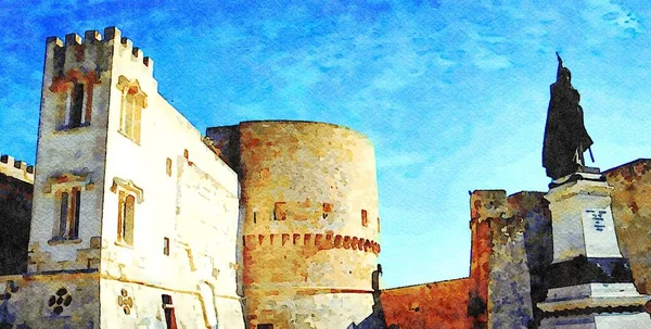 Digital Watercolorstyle Representing Square Front Ancient City Walls Otranto Salento — Stock Photo, Image